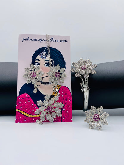 Set Of Premium Pink Necklace , Bracelet, Earrings & Ring + Freebies